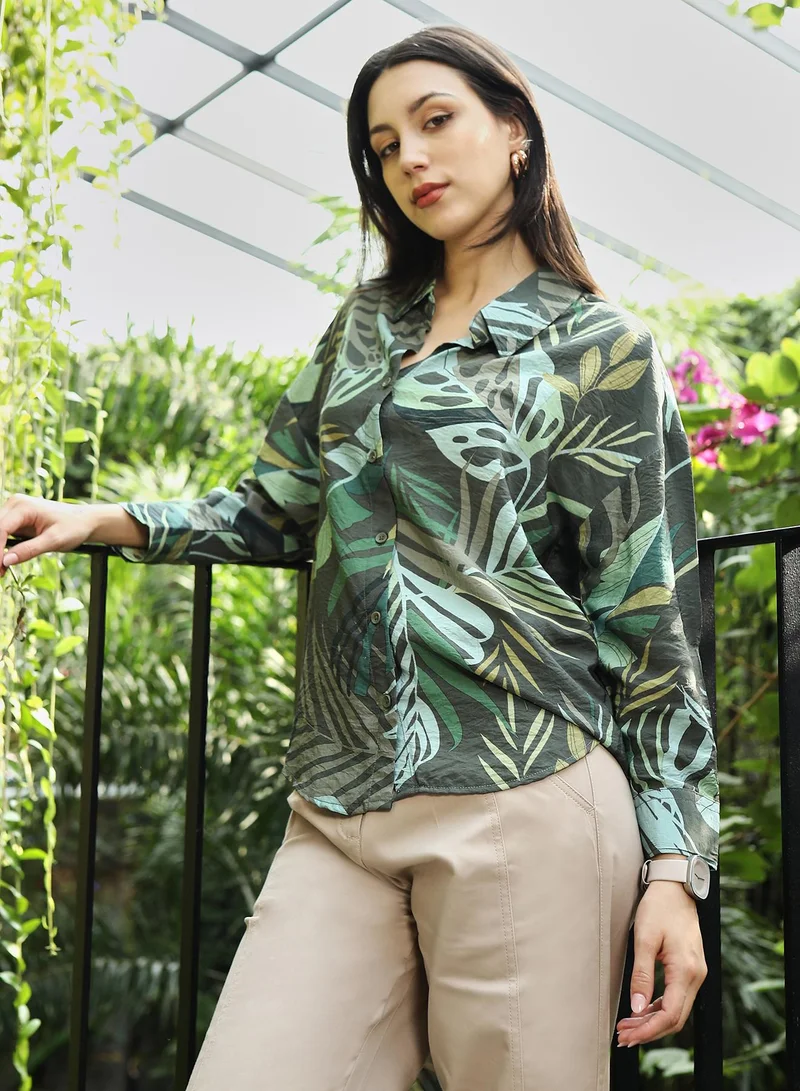 PINACOLADA  Women's Forest Green Jungle-Foliage Imprint Oversized Shirt for Women | Best Price UAE