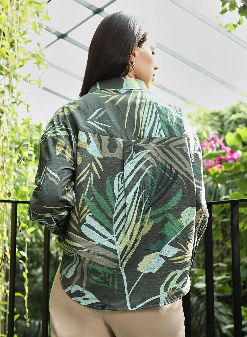 PINACOLADA  Women's Forest Green Jungle-Foliage Imprint Oversized Shirt for Women | Best Price UAE
