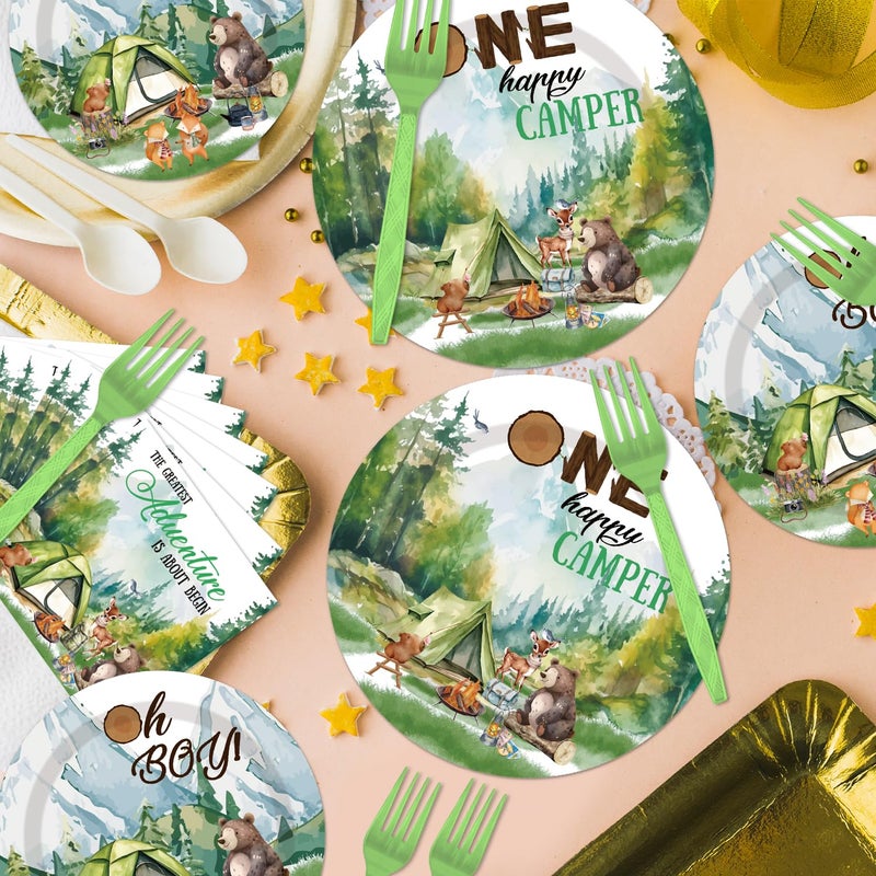 EUOYUFO EUOYUFO One Happy Camper Birthday Decorations - 96PCS One Happy Camper Plates and Napkins Party Supplies 1st Birthday Decorations Boy Adventure Camping Disposable Tableware Set Serve 24 Guests - Image 1