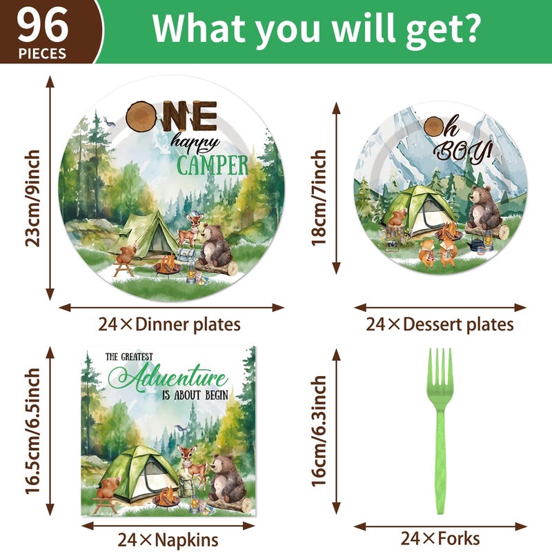 EUOYUFO EUOYUFO One Happy Camper Birthday Decorations - 96PCS One Happy Camper Plates and Napkins Party Supplies 1st Birthday Decorations Boy Adventure Camping Disposable Tableware Set Serve 24 Guests - Image 2