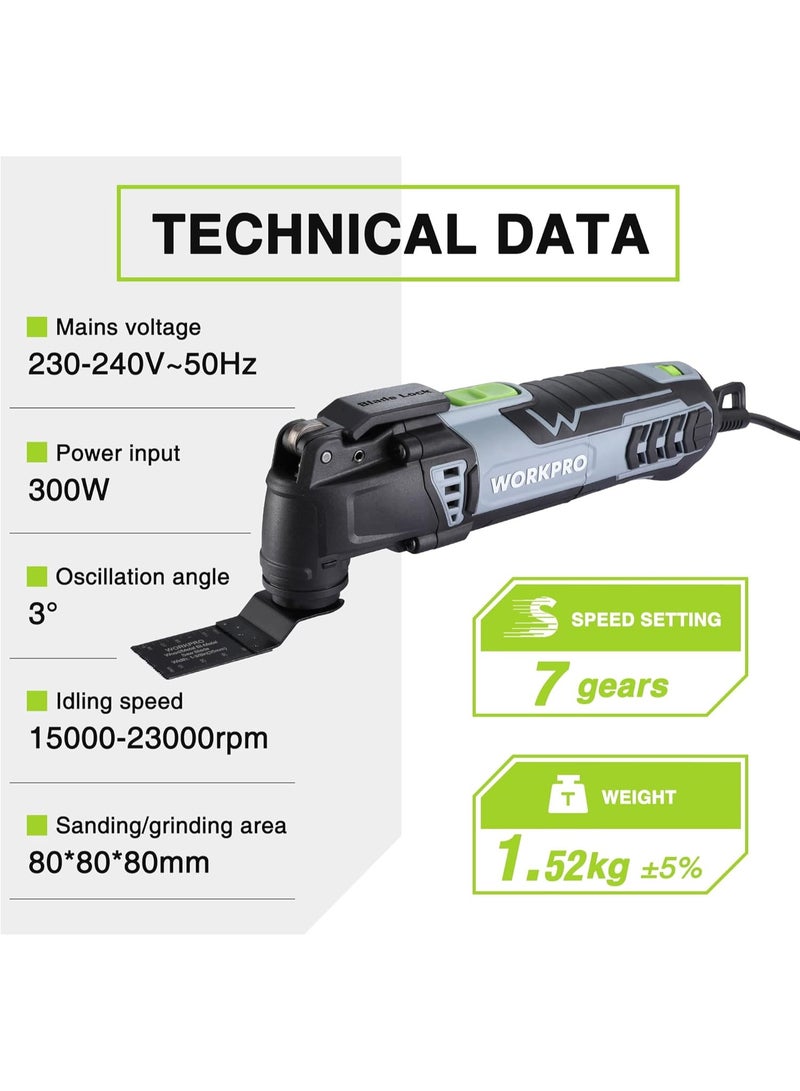 WORKPRO Oscillating Multi Tool 300W, 7 Variable Speeds, 3° Oscillation Angle, Quick Change Blade System, 17pc Accessories Kit Make it a Details Sander, Cutter, Scraper, Grinder - Image 4