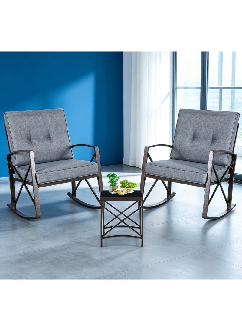 YIYAN 3-Piece Indoor-Outdoor Rocking Patio Set with Wicker Chairs & Glass Coffee Table for Balcony & Porch - Image 1