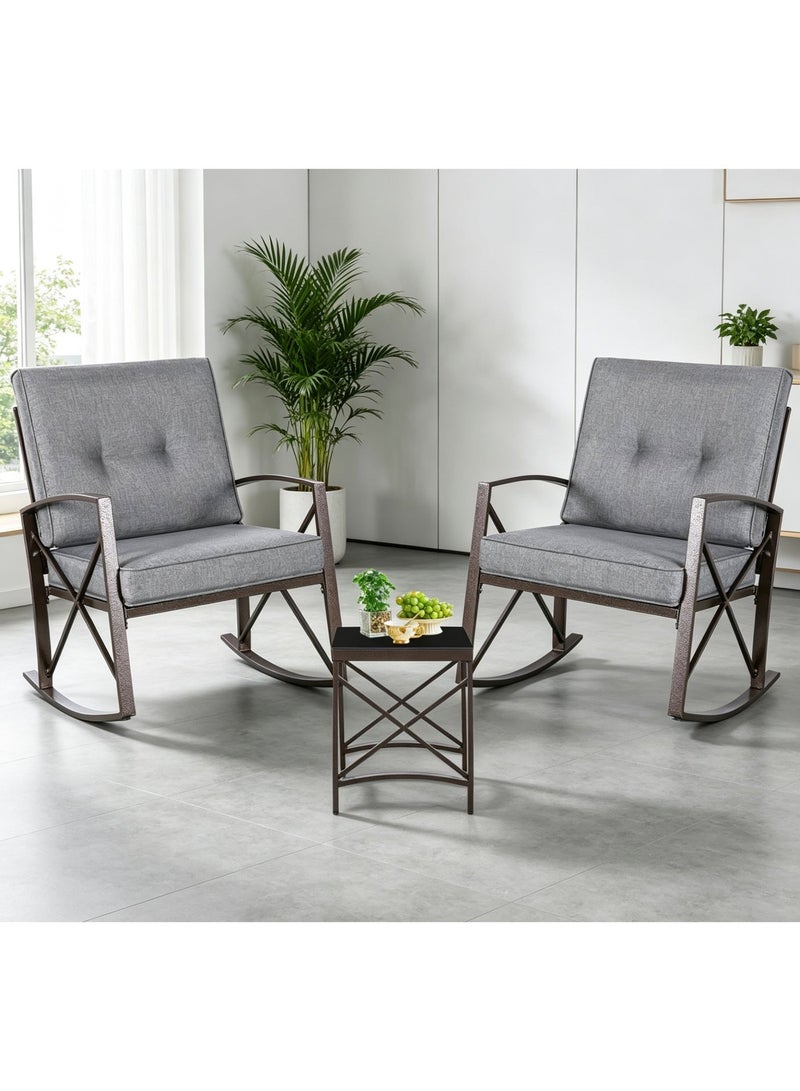 YIYAN 3-Piece Indoor-Outdoor Rocking Patio Set with Wicker Chairs & Glass Coffee Table for Balcony & Porch - Image 2