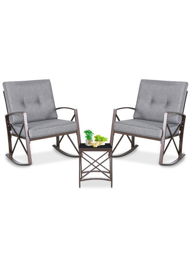 YIYAN 3-Piece Indoor-Outdoor Rocking Patio Set with Wicker Chairs & Glass Coffee Table for Balcony & Porch - Image 3