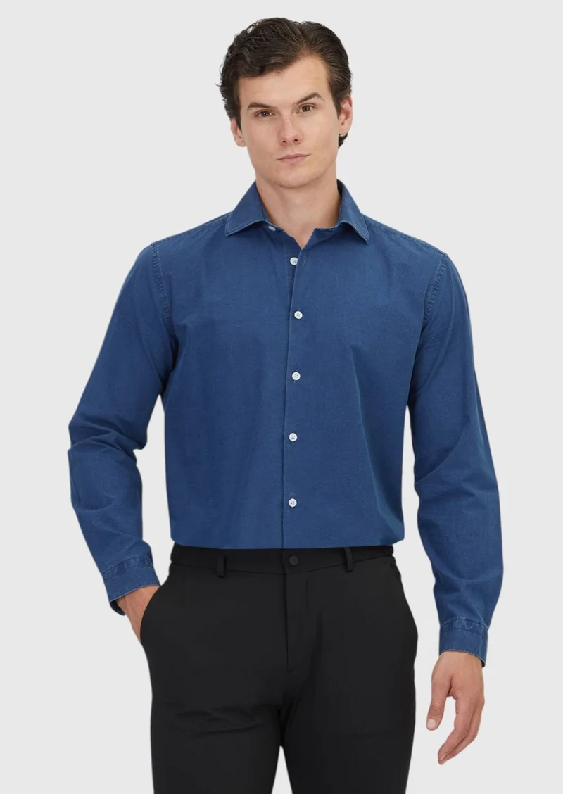 RAMSEY Light Indigo Plain Casual Fit Long Weaving Casual 100% Cotton Shirt
