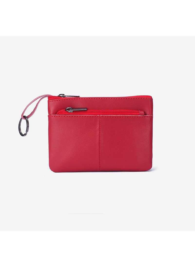 Generic - Trendy Genuine Leather Mens Simple Coin Purse Womens Zipper Handheld Wallet Vintage Cropped Cow Leather Card Holder Crossbody Red - Image 1