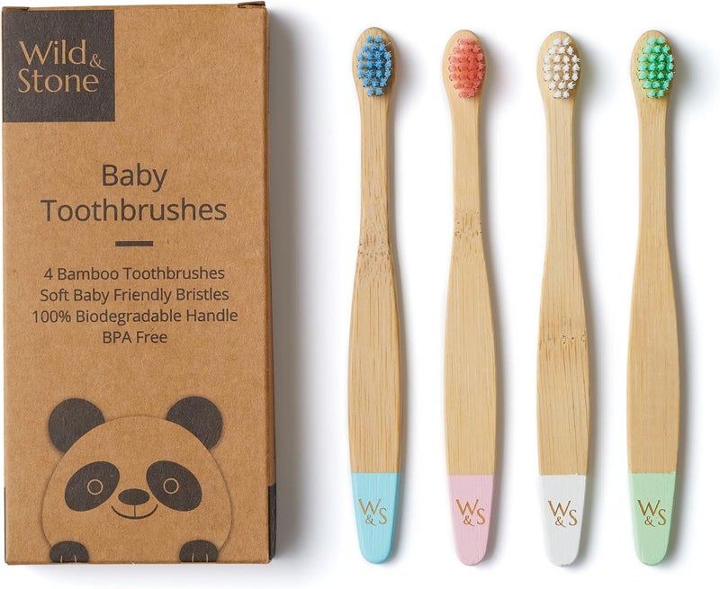 Wild Stone Organic Baby Bamboo Toothbrush 4 Pack Soft Fibre Bristles 100 Biodegradable Handle BPA Free Vegan Eco Friendly Baby Toothbrushes Multicolour - Image 1