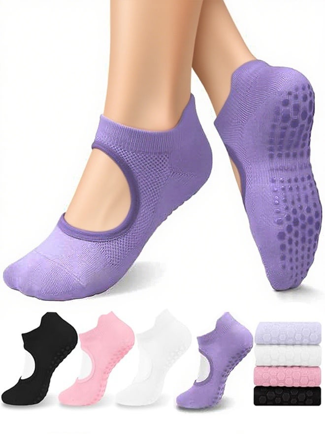 4 Pairs Non Slip Pilates Socks with Grips for Women Grip Socks for Yoga Ballet Barefoot Workout Anti Skid Athletic Socks - Image 1