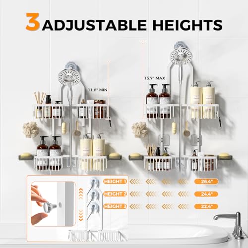 REINHARDT Aluminum Shower Caddy Hanging Adjustable Shower Caddy, Rustproof Hanging Shower Organizer with Hooks Soap Holders, Over Shower Head Caddy for Handheld Showerhead, White - Image 2