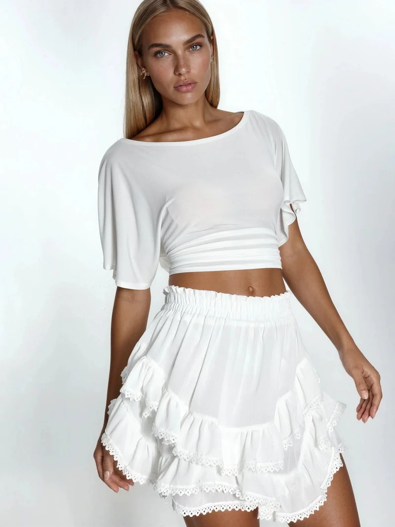 كيوستايل QU STYLE Frilly High Waist Mini Skater Skirt