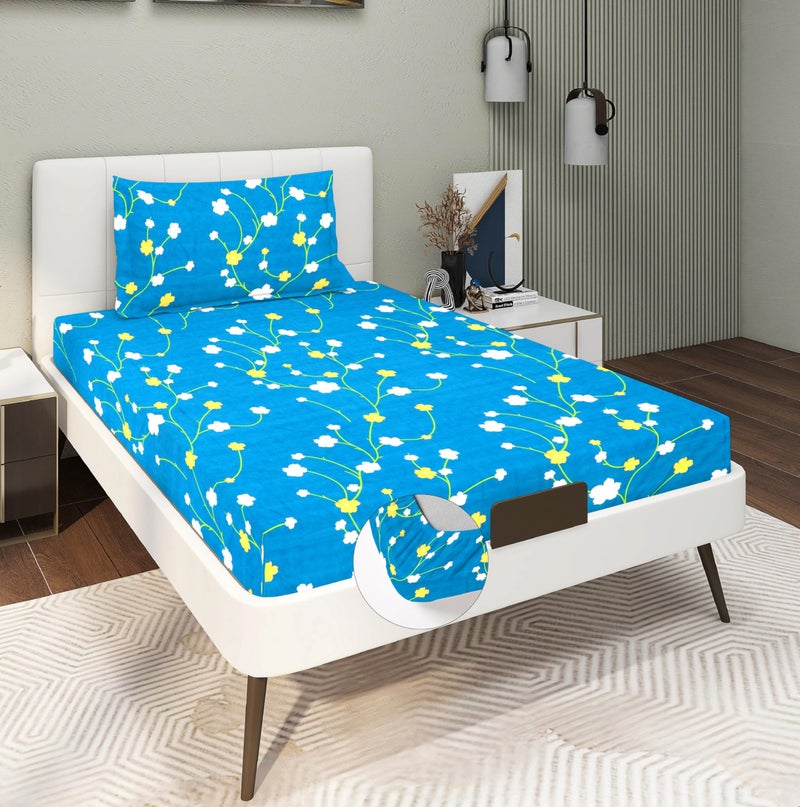 RD TREND Presents Luxurious Glace Cotton Super Soft 210 TC 360° Elastic Fitted Bedsheets Single Bed Size (72 x 48 x 8 Inch) with 1 Pillow Cover Size (28 x18), Color- Blue, Floral - Image 1