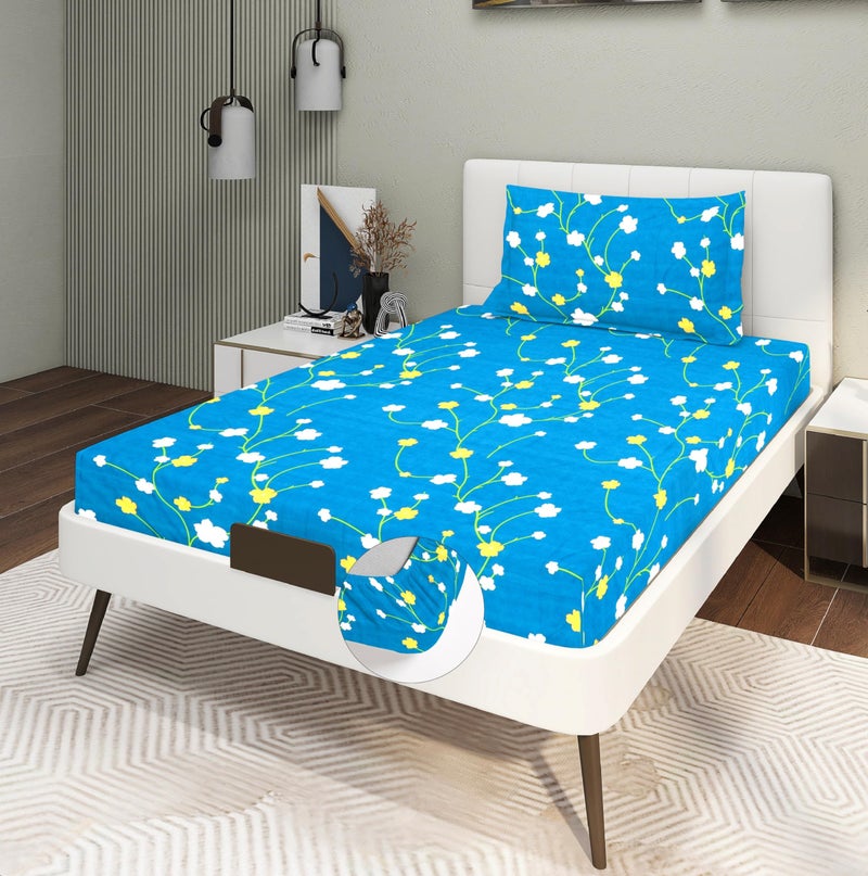 RD TREND Presents Luxurious Glace Cotton Super Soft 210 TC 360° Elastic Fitted Bedsheets Single Bed Size (72 x 48 x 8 Inch) with 1 Pillow Cover Size (28 x18), Color- Blue, Floral - Image 5