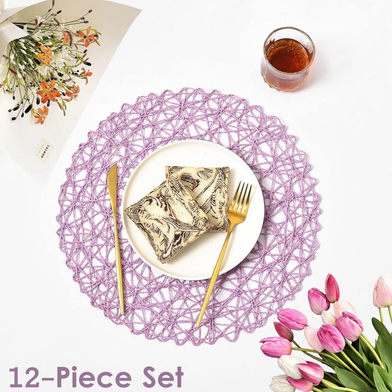 IcosaMro Purple Round Placemats Set of 12 for Dining Table 13 Inches Paper Woven Boho Small Decorative Circle Place Mat for Wedding Christmas Thanksgiving Day Holiday Dinner Lavender - Image 2