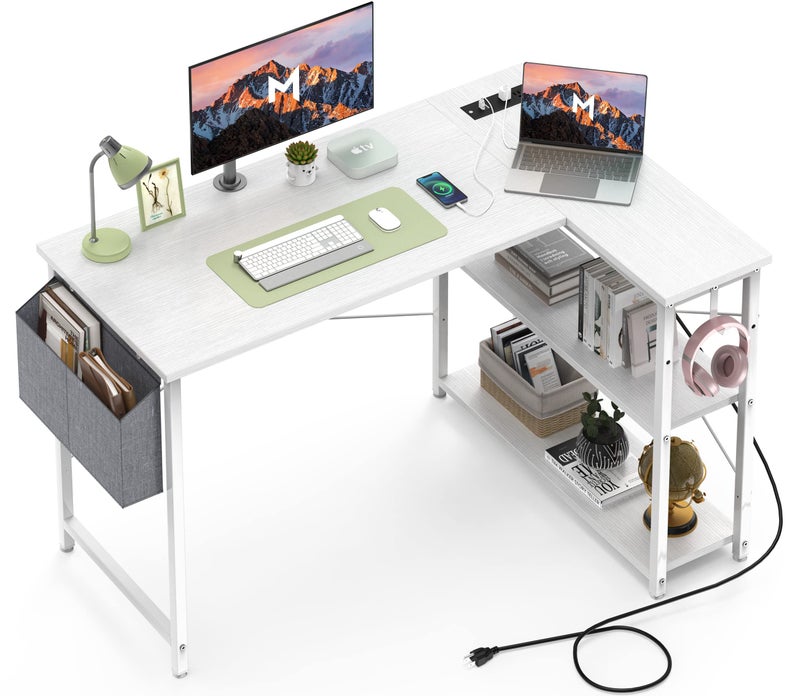 Mr IRONSTONE L Shaped Desk with Outlets  USB Ports Reversible 47 Inch Office Desk Corner Desk for Small Space Home Office Desk with Storage Bag  Hook White