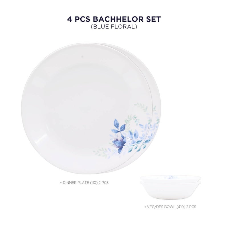 Corelle طقم كوريل الأزرق الزهري (VDB) - 4 قطع | لعائلة من 2 | مقاوم للكسر والرقائق | خفيف الوزن ومتين | آمن للاستخدام في الميكروويف وغسالة الصحون - Image 2