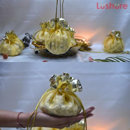 Lushure Medium Potli Pack of 10, 20, 50 Pack Organza Double Layer Drawstring Potli Bags for Return Gift | Gift Hamper | Gifting Potli | - 12X12 CM (When Closed) (10, CREAM) - Image 4