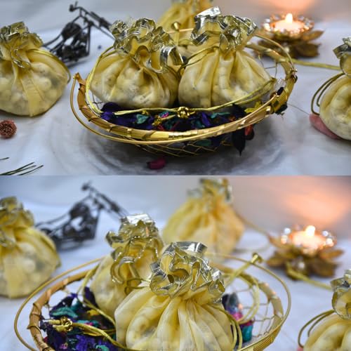 Lushure Medium Potli Pack of 10, 20, 50 Pack Organza Double Layer Drawstring Potli Bags for Return Gift | Gift Hamper | Gifting Potli | - 12X12 CM (When Closed) (10, CREAM) - Image 3