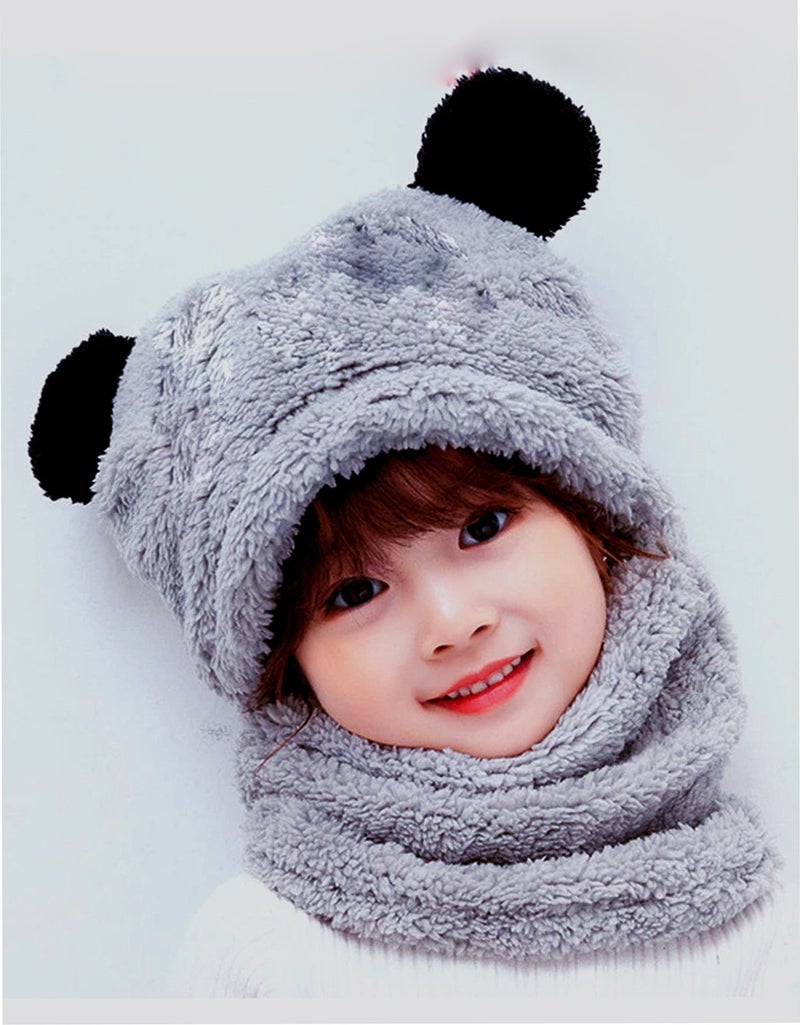 KAŞIKBEY Kaşıkbey Cute Panda Kids Hooded Eared Plush Beanie Welsoft Polar Windproof Neck Hat  - Image 1