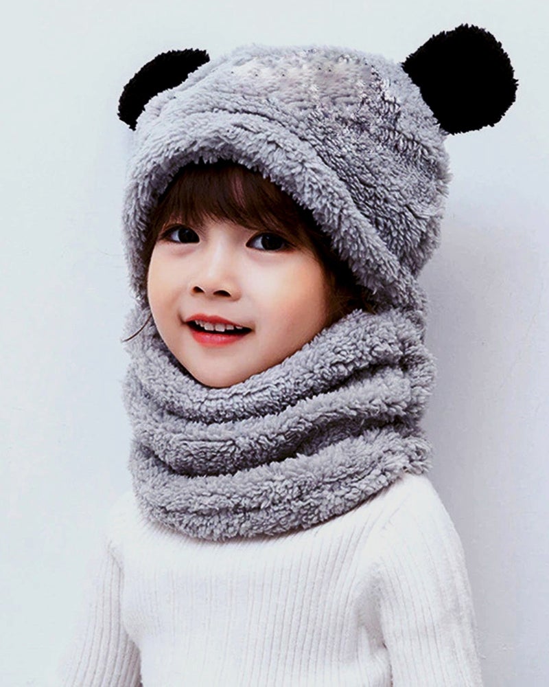 KAŞIKBEY Kaşıkbey Cute Panda Kids Hooded Eared Plush Beanie Welsoft Polar Windproof Neck Hat  - Image 2