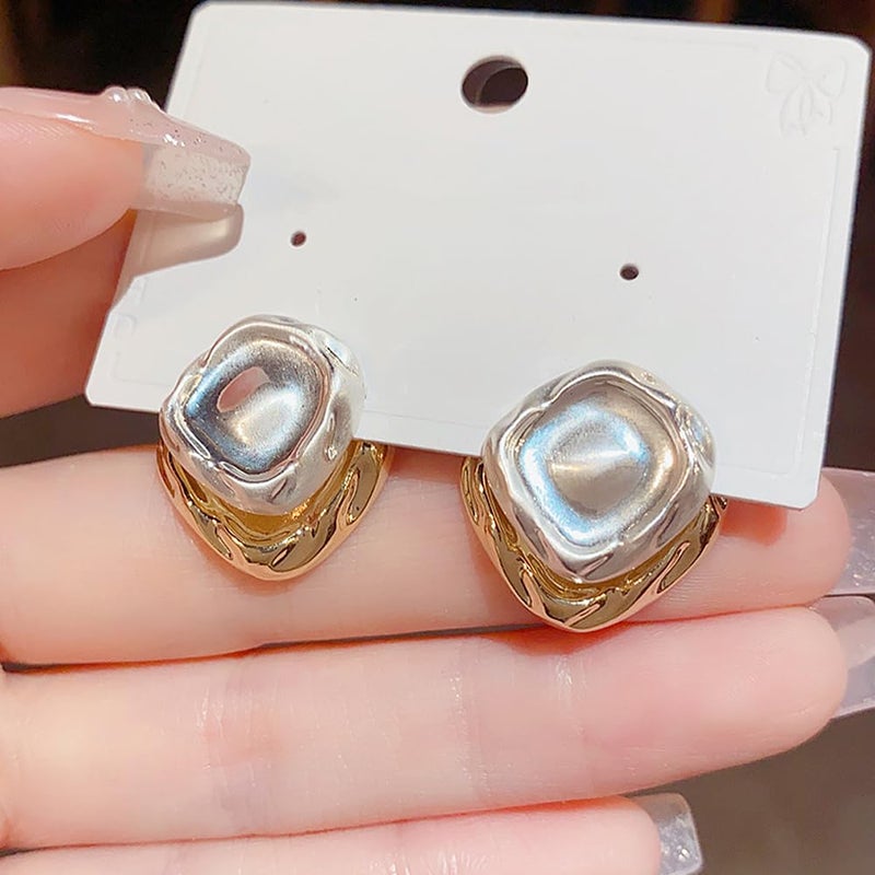 Uarein Two Tone Teardrop Stud Earring for Women Gold Silver Front Back Oval Bean Dangle Earring Cute Post Ball Earrings Lightweight Chunky Jewelry Gifts (Square) - Image 5