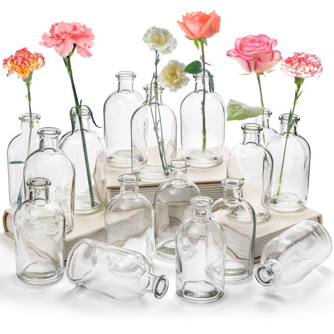 16 PACK CLEAR GLASS BUD VASES SMALL BUD VASES IN BULK GLASS FLOWER VASES FOR CENTERPIECES VINTAGE DECORATIVE BOTTLE VASES FOR FLOWERS HOME DECOR WEDDING RECEPTION OFFICE