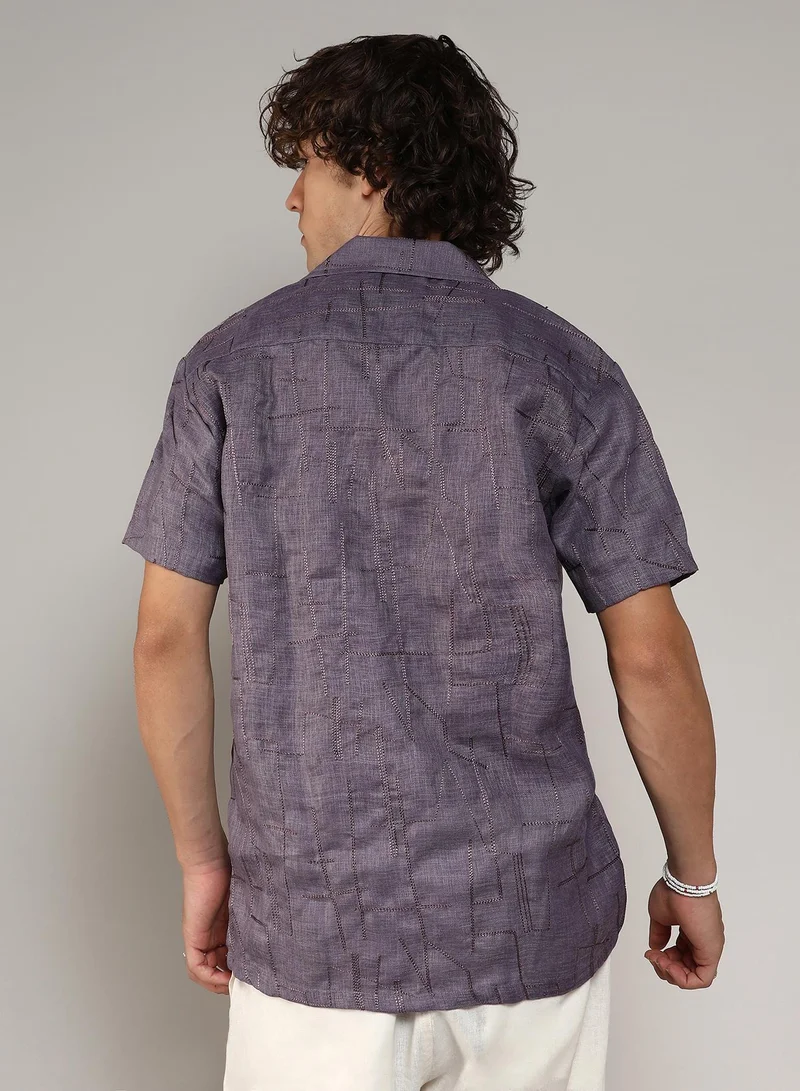 Campus Sutra Men's Plum Purple Embroidered Heathered Shirt