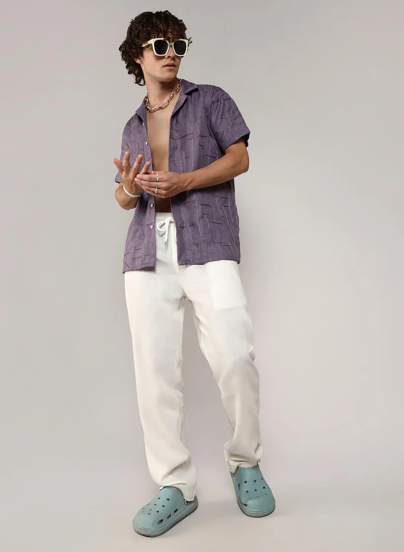 Campus Sutra Men's Plum Purple Embroidered Heathered Shirt