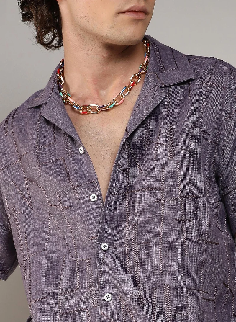 Campus Sutra Men's Plum Purple Embroidered Heathered Shirt