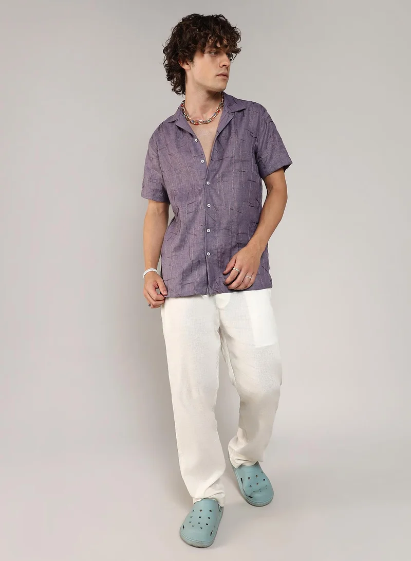 Campus Sutra Men's Plum Purple Embroidered Heathered Shirt