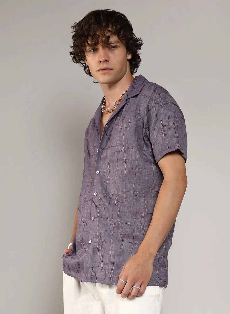 Campus Sutra Men's Plum Purple Embroidered Heathered Shirt