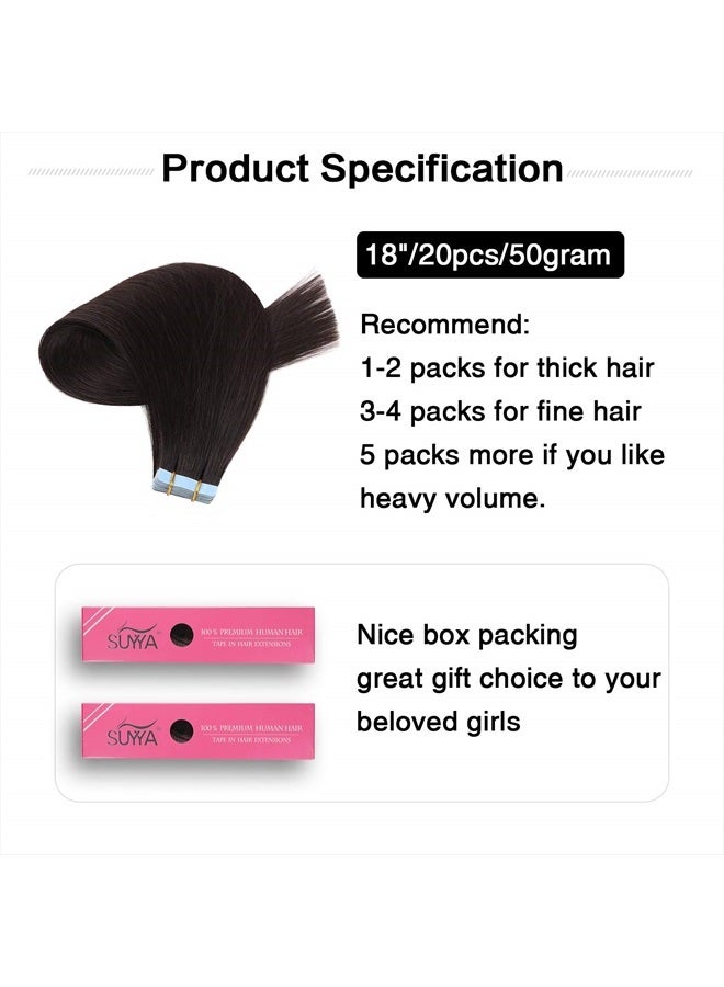 SUYYA Tape in Hair Extensions Remy Human Hair 18 inches 50g/pack 20pcs Straight Seamless Skin Weft Tape Hair Extensions Natural Black Hair(18 inches #1B Off Black) - Image 2