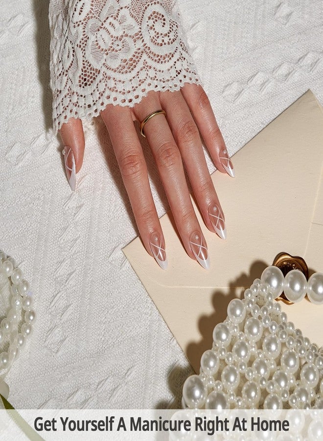 BTArtbox French Tip Press On Nails - Lamp-Curable Pearl Accents Chrome Almond Press On Nails with Glue for Women, Soft Gel Glue On Nails in 15 Sizes - 30 Stick On Nails Kit, Heel Click - Image 3