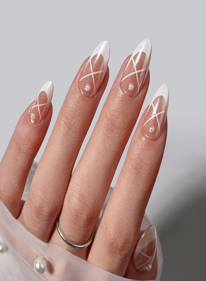 BTArtbox French Tip Press On Nails - Lamp-Curable Pearl Accents Chrome Almond Press On Nails with Glue for Women, Soft Gel Glue On Nails in 15 Sizes - 30 Stick On Nails Kit, Heel Click - Image 2