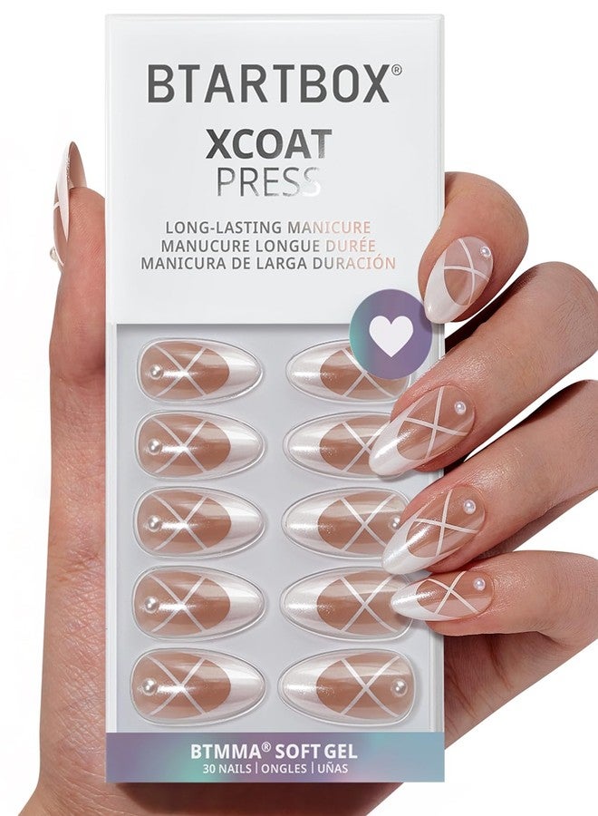 BTArtbox French Tip Press On Nails - Lamp-Curable Pearl Accents Chrome Almond Press On Nails with Glue for Women, Soft Gel Glue On Nails in 15 Sizes - 30 Stick On Nails Kit, Heel Click - Image 1