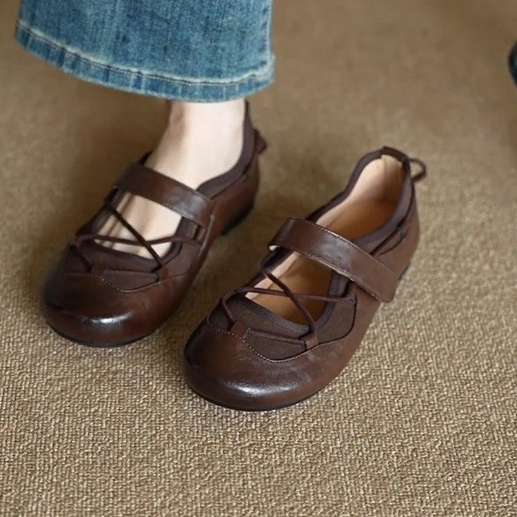 Women's Brown Mary Jane Shoes - Round Toe Cross Strap Flats - Image 3