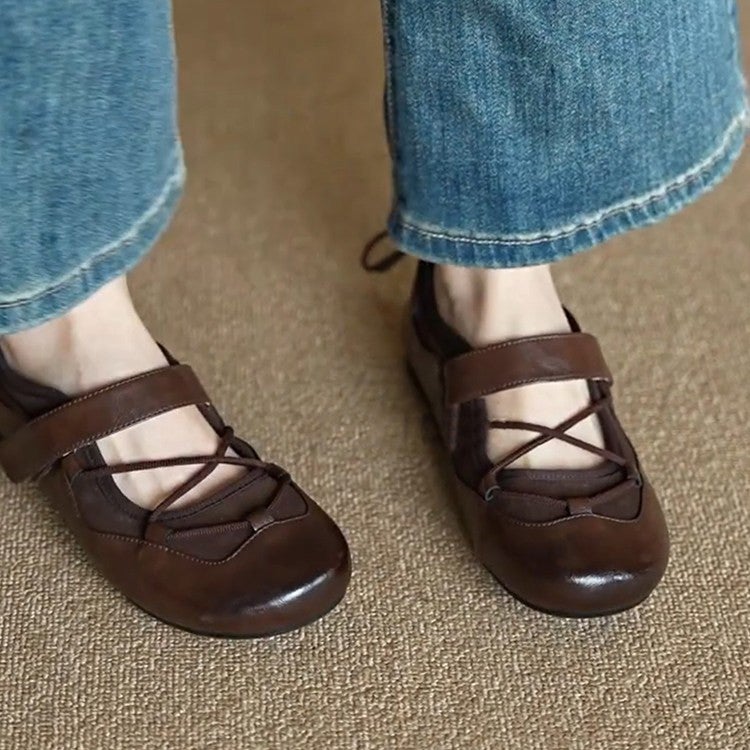 Women's Brown Mary Jane Shoes - Round Toe Cross Strap Flats - Image 4