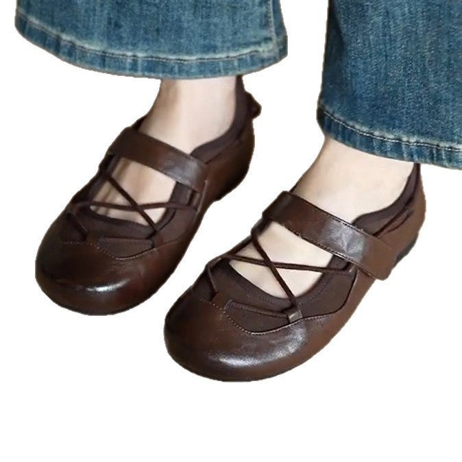 Women's Brown Mary Jane Shoes - Round Toe Cross Strap Flats - Image 5