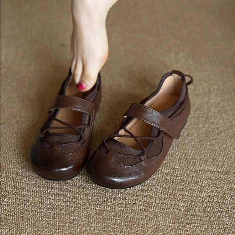 Women's Brown Mary Jane Shoes - Round Toe Cross Strap Flats - Image 2
