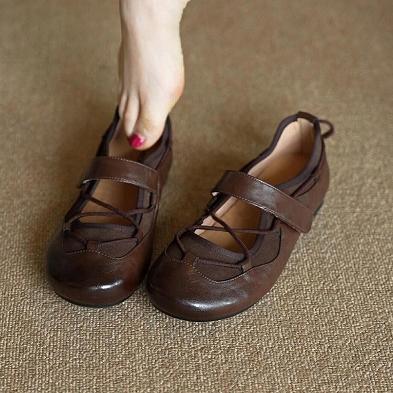 Women's Brown Mary Jane Shoes - Round Toe Cross Strap Flats - Image 1