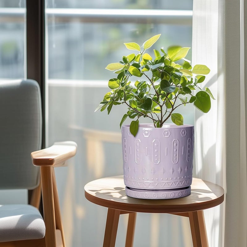 Eightpot 8 Inch Ceramic Planter Pot Plant Pot with Drainage Hole and Saucer, Round Large Flower Pot for Indoor Plants Outdoor Garden Planter Pot, Purple - Image 3