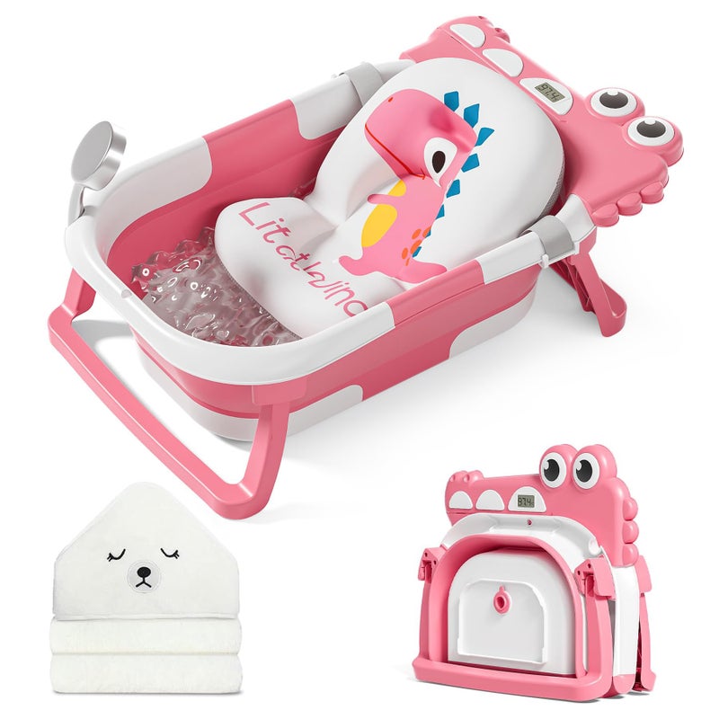MoreFeel Collapsible Baby Bathtub for Newborn with Thermometer 1 Hooded Towel 1 Soft Floating CushionPortable Travel Bathtub with Drain Hole Durable Foldable Baby Tubs for Infants to Toddler