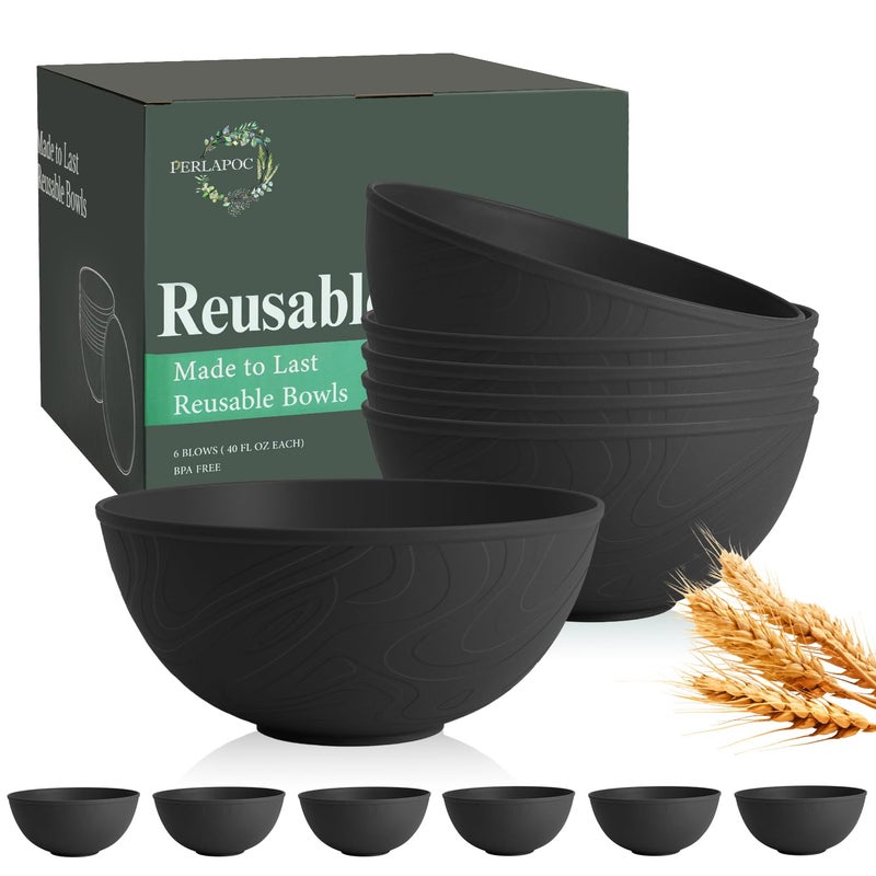 Perlapoc Unbreakable Cereal Bowls 40 OZ, Wheat Straw Bowls Set of 6, Anti Scald Extra Thick Soup Bowls, Reusable Plastic Bowl for Kitchen, Outdoor, Camping, RV, Black - Image 1