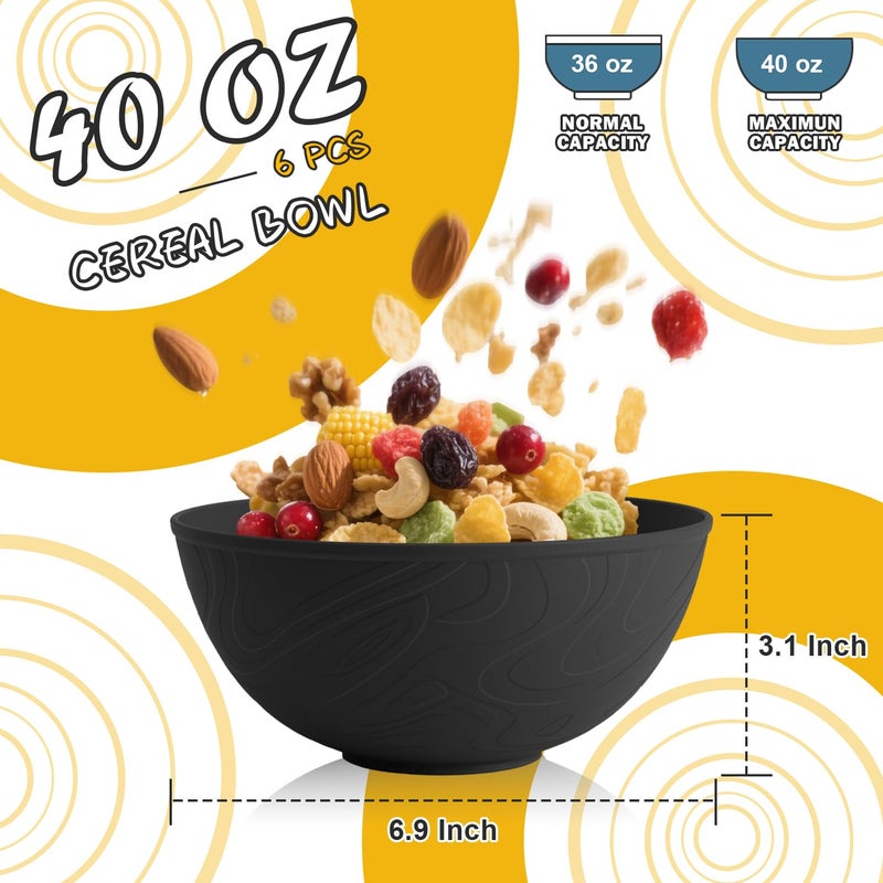 Perlapoc Unbreakable Cereal Bowls 40 OZ, Wheat Straw Bowls Set of 6, Anti Scald Extra Thick Soup Bowls, Reusable Plastic Bowl for Kitchen, Outdoor, Camping, RV, Black - Image 2