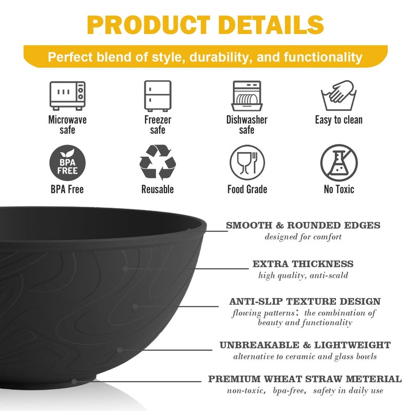 Perlapoc Unbreakable Cereal Bowls 40 OZ, Wheat Straw Bowls Set of 6, Anti Scald Extra Thick Soup Bowls, Reusable Plastic Bowl for Kitchen, Outdoor, Camping, RV, Black - Image 4