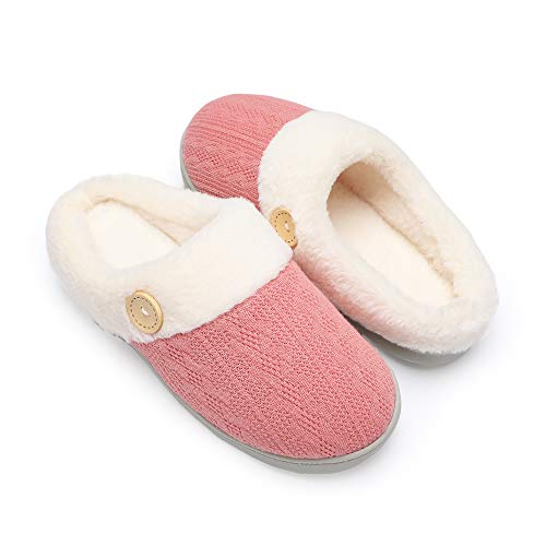 Chantomoo Womens Slipper Warm Comfy Memory Foam House Slippers Knitted Shoes Faux Fur Lined Anti-Skid Rubber Sole Bedroom Cozy Indoor Outdoor Slippers Red Dark Pink Size7 8 6.5 - Image 1