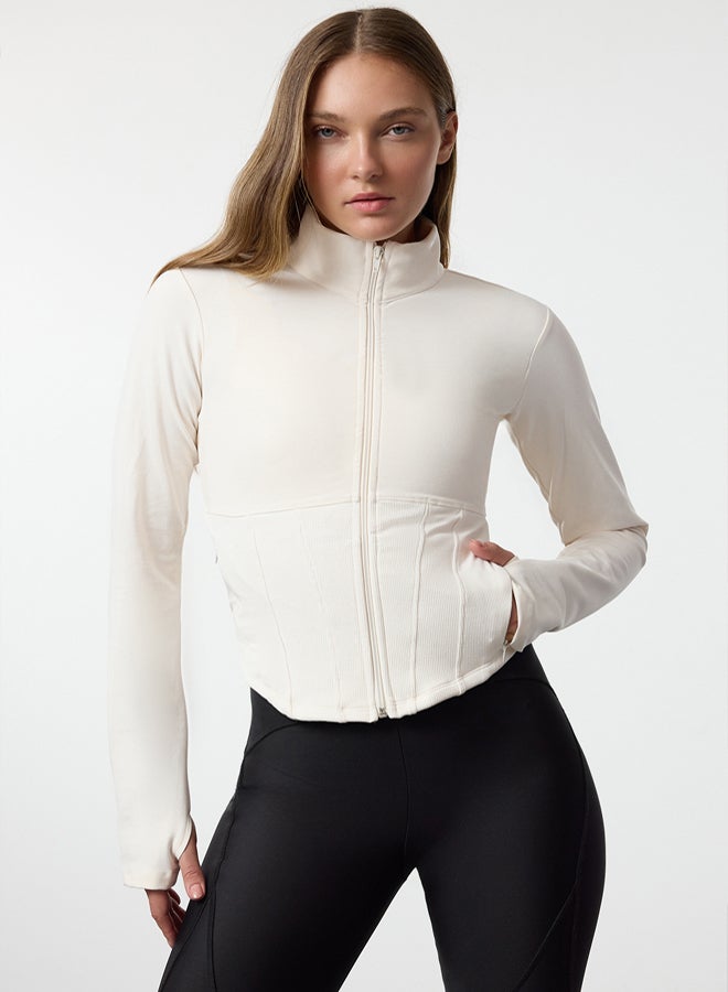 trendyol Soft Knitted Sports Jacket - Ecru, Thumb Holes, Brushed - Image 1