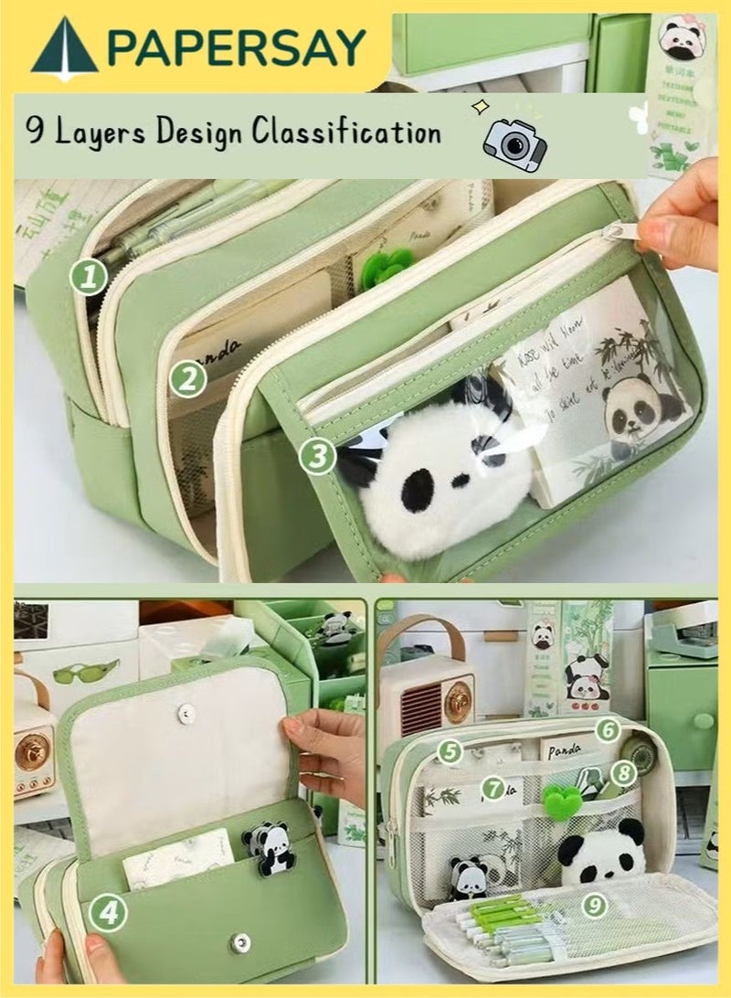 PAPERSAY 9-Layer Large Capacity Pencil Case Organizer - Cute Animal Panda Design, Green, for School & Office (Boys, Girls, Teenagers) - Image 3