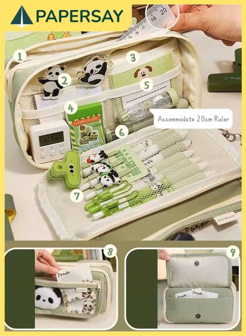 PAPERSAY 9-Layer Large Capacity Pencil Case Organizer - Cute Animal Panda Design, Green, for School & Office (Boys, Girls, Teenagers) - Image 4