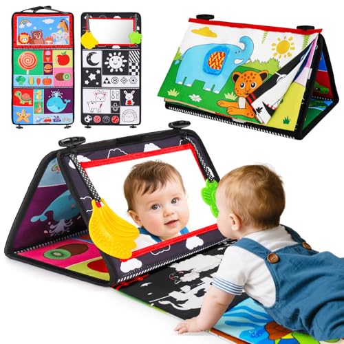 Basytodio Baby Mirror Tummy Time Toys 06 Months with Crinkle Cloth Books Infant High Contrast Newborn Sensory Black and White Toy for 03 4 5 6 Months Must Haves Babies 36 612 Month Boy Girl Shower Gifts - Image 1