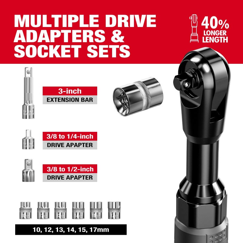 Alloyman 3/8" Cordless Ratchet Wrench Set, 60FT-LBS(80N.m) Electric Ratchet, 12V Extended Power Socket Wrench Set with Variable Speed, 6 Sockets, LED Light, 1/4" Adapter,1/2" Adapter,2 Batteries - Image 4